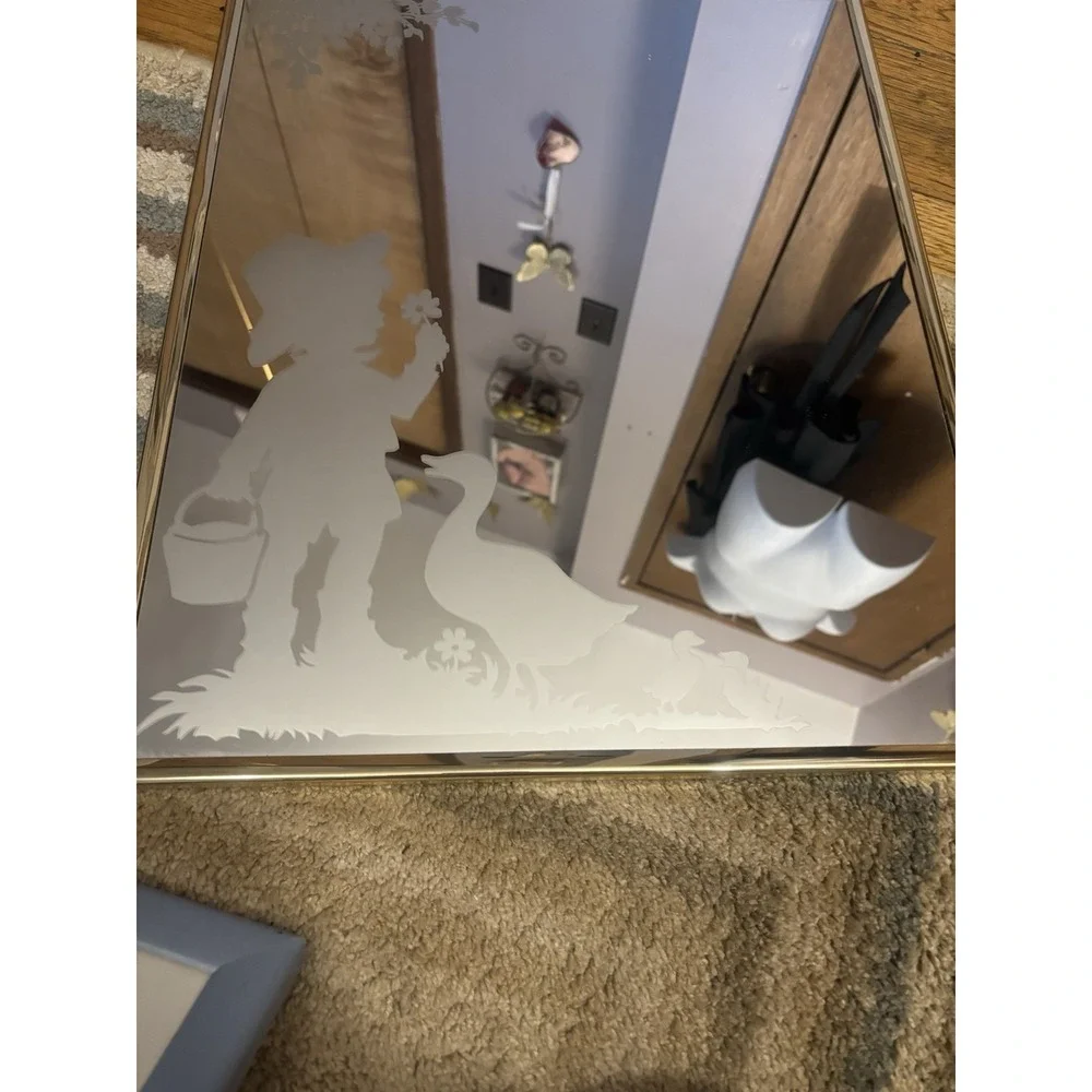 Vintage Gold-Framed Mirror with Etched Frosted Goose and Floral Design